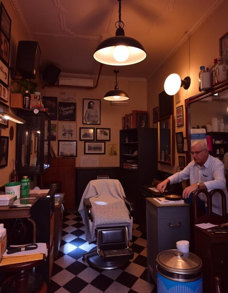 A História Do Barbeiro: Barbeiro limpando e desinfectando seus equipamentos.