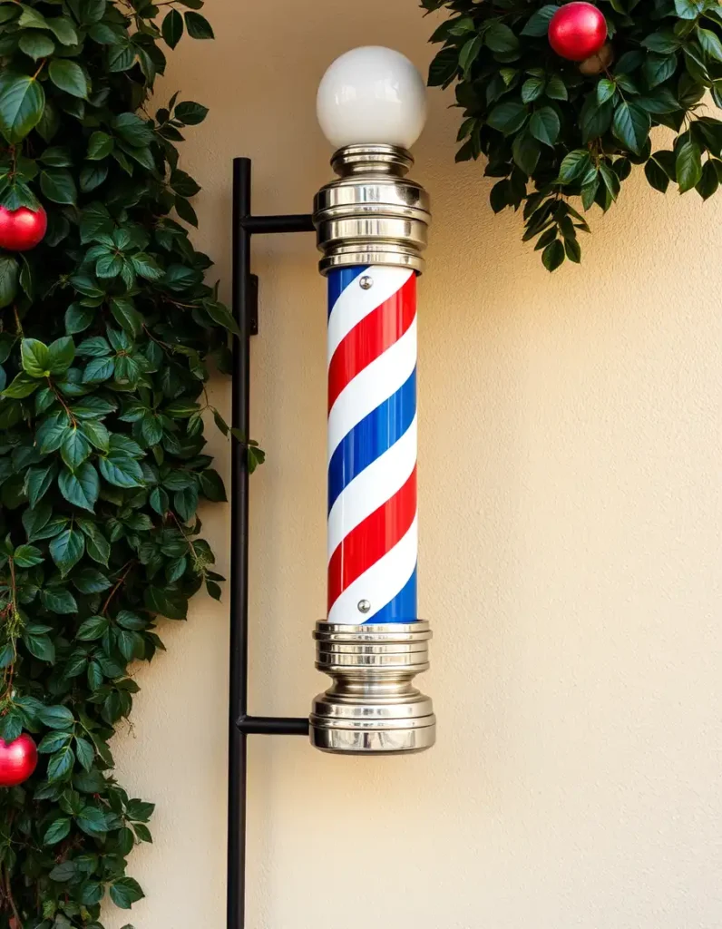 Foto histórica de uma barbearia tradicional com barber pole antigo.